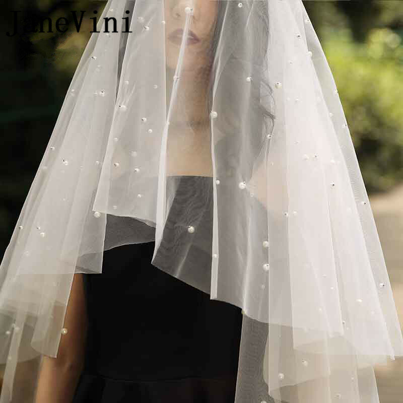 JaneVini 2020 Modish Kurze Hochzeit Schleier mit Perlen Elfenbein 1,5 M Zwei Schichten Tüll Braut zu werden Schleier Braut Zubehör ohne Kamm