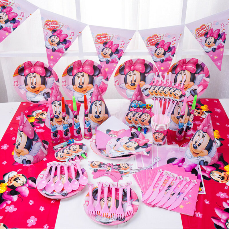 ピンクのディズニーミニーマウスのテーマパーティー用品,プレート,カップ,ストロー,ギフトバッグ,誕生日パーティー,ベビーシャワーの装飾