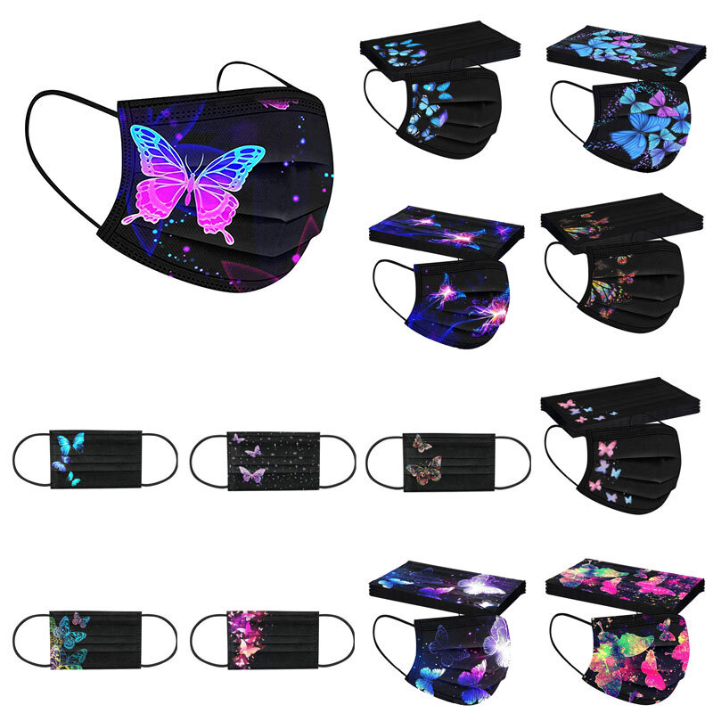 25/50Pcs Adult Christmas High Quality Face Shield Mask Disposable 3-layer Protective Black Print Butterfly Mascarillas Ninos