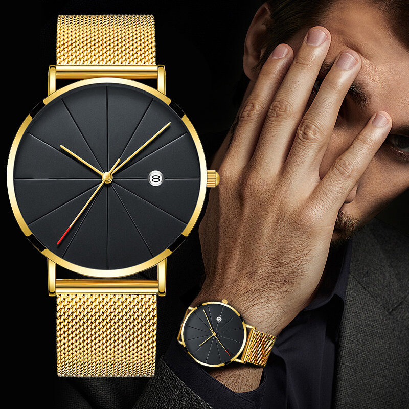 レロジオ Masculino メンズ腕時計高級超薄型腕時計メンズスチールメッシュベルトファッション腕時計モンテオムカレンダー時計リロイ Hombre