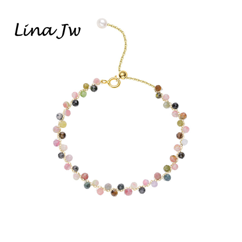 Lina Jw Warna Emas 3MM Batu Alam Turmalin Gelang Di Tangan untuk Wanita Perhiasan Pesta/Pernikahan Mewah Hadiah Set Pekerjaan Tangan