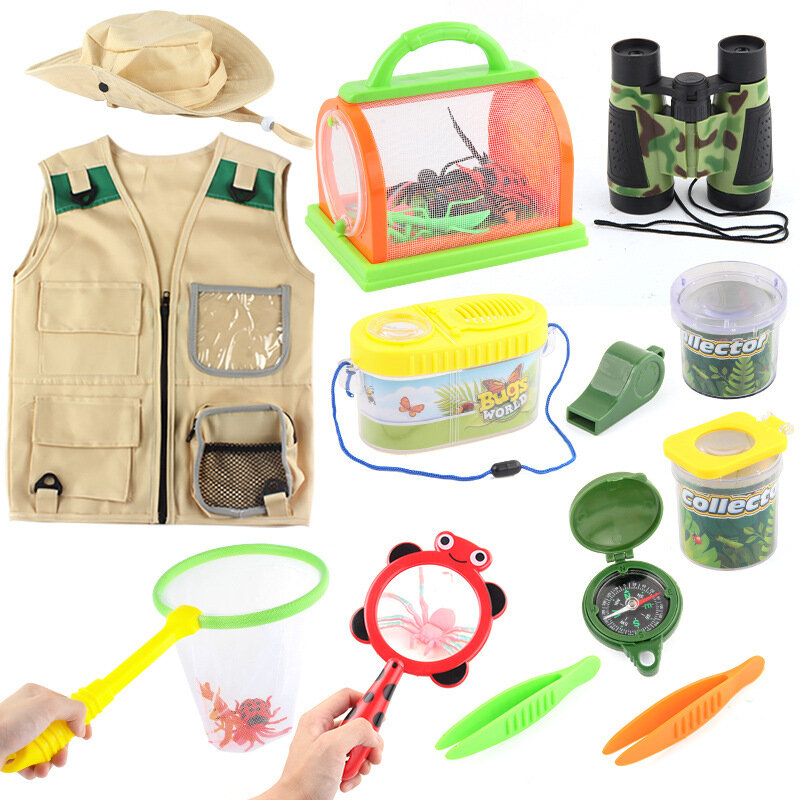 New Kids Outdoor Explorer Kit Telescope Vest Hat Magnifying Glass Compass Insect Model Science Capture Educational Toy