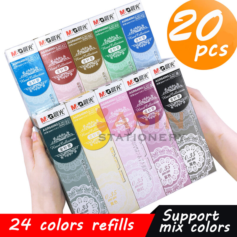 M & G 20Pcs Naald Tip Refill Gel Inkt Kleur Refill 0.38Mm Klassieke Kleur Handtekening Kantoor 24 Kleuren schoolbenodigdheden