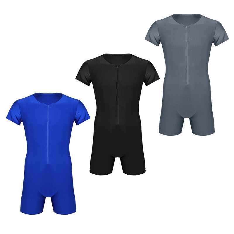 Herren Pyjama Unterhemden einteiliger Trikot Overall männlich Kurzarm vorne Reiß verschluss elastische weiche Boxershorts Bodysuit Bade bekleidung