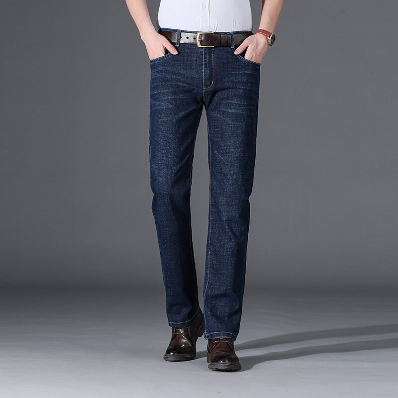 Jeans Bisnis Pria Ukuran 29-40 Jeans Elastis Pria Klasik Celana Denim Pria Lurus Longgar Ukuran Plus Jeans Kerja Biru Katun Pria