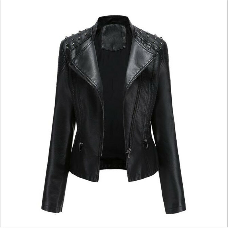 Новая весенняя женская кожаная куртка, облегающее модное пальто, мотоциклетная куртка, Женская Короткая кожаная куртка из искусственной ивы на молнии с ногтями