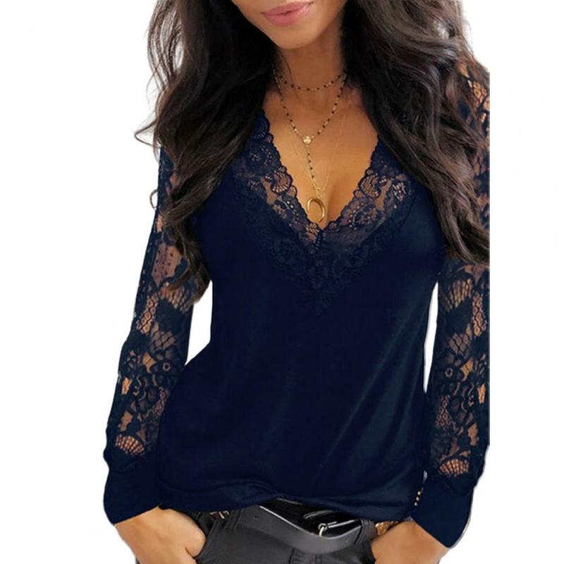 Vrouwelijke Tops Trui Sexy Vrouwen Diepe V-hals Lace Trim See Through Lange Mouwen Blouse Top Blouse Solid Vintage Blouse shirts 2021