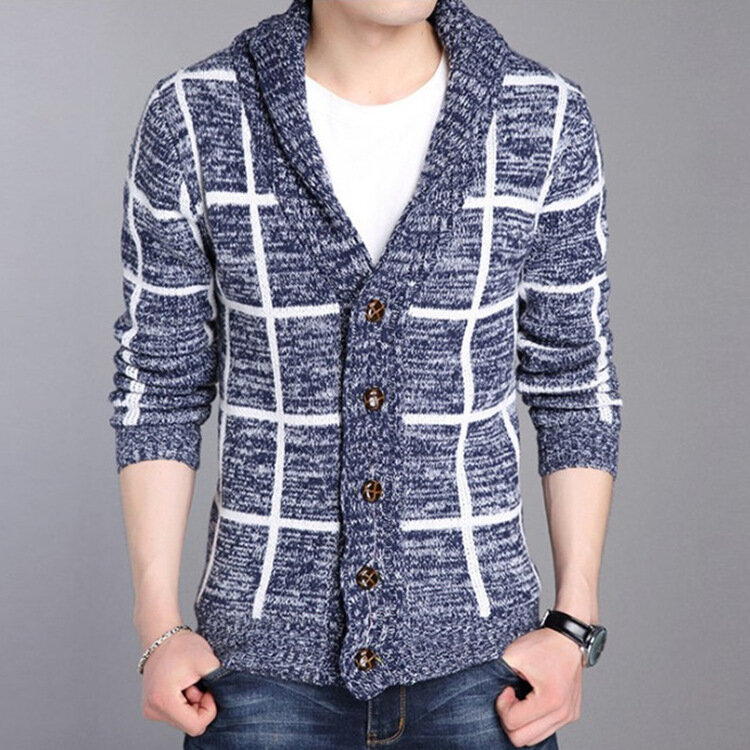 Outono e inverno coreano-estilo novo estilo camisola masculina moda fino ajuste xadrez manga longa gola dobrável malha masculina cardi
