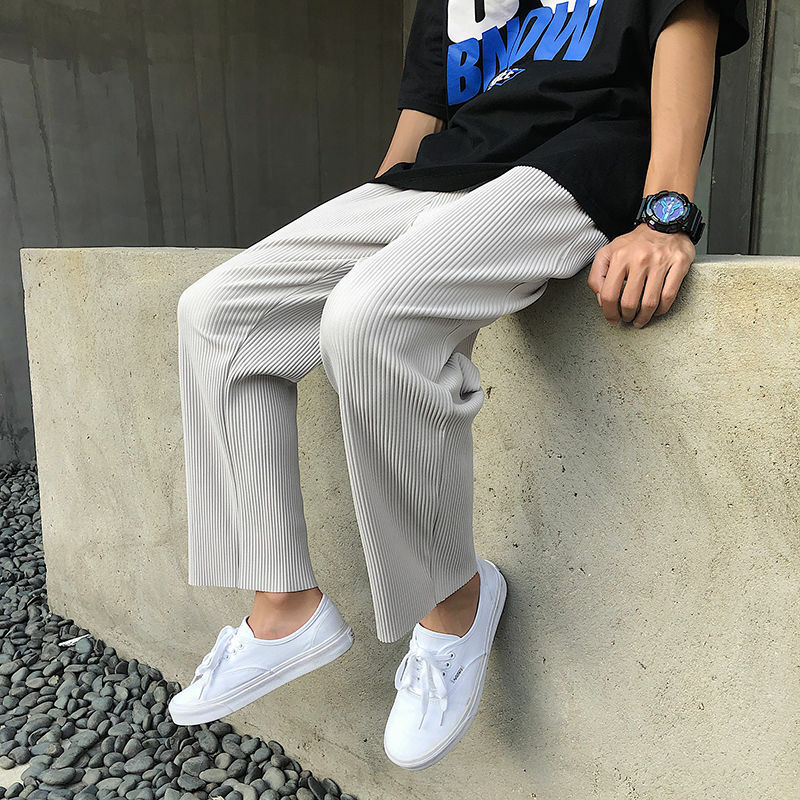 Plisowane proste spodnie męskie oversize casualowe męskie japońska moda uliczna luźne spodnie lodowy jedwab męskie spodnie z szerokimi nogawkami S-2XL