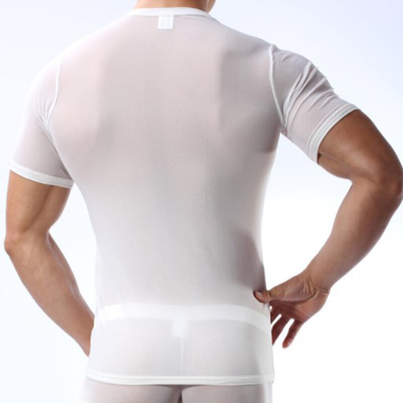 Man Undershirt Ultra-Thinกางเกงขาสั้นเสื้อยืดผ้าไหมเกย์Breathable Tops Teeชุดนอนชายชุดนอนเซ็กซี่