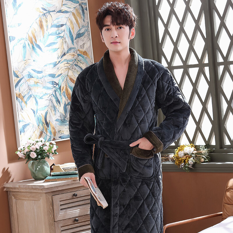 Roupão masculino de inverno, roupão de flanela com letras jacquard, manga comprida, acolchoado, robe longo para banho