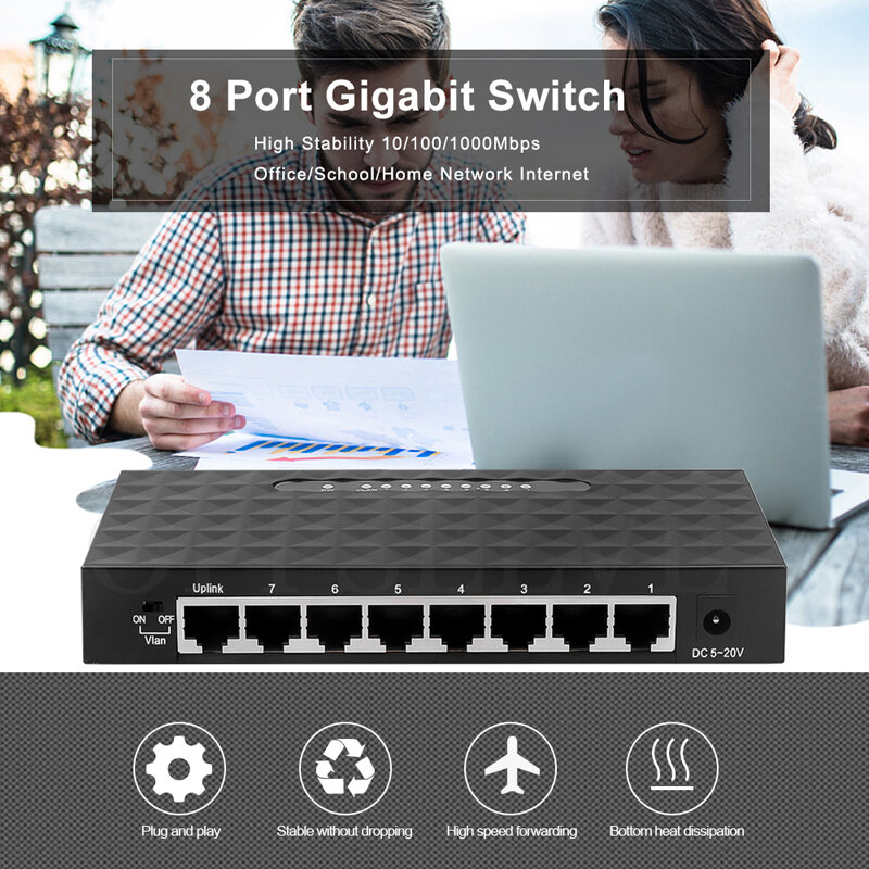 Rede Switcher Lan Hub, Ethernet Smart Switch, Internet Splitter, Alto Desempenho, Alta Velocidade, RJ45, 100 Mbps, 1000Mbps, 8 Portas