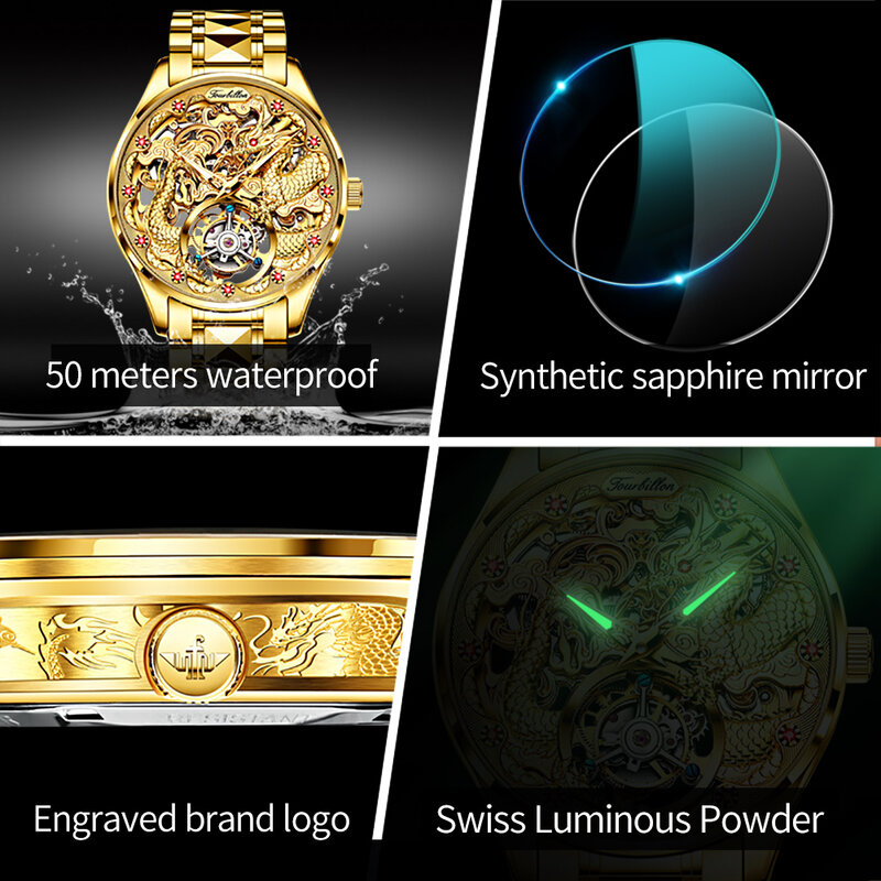 OUPINKE-Relógio de pulso Tourbillon masculino, Sapphire Mirror, Impermeável, Luminoso, Dragon Design, Automático, Mecânico, Negócio
