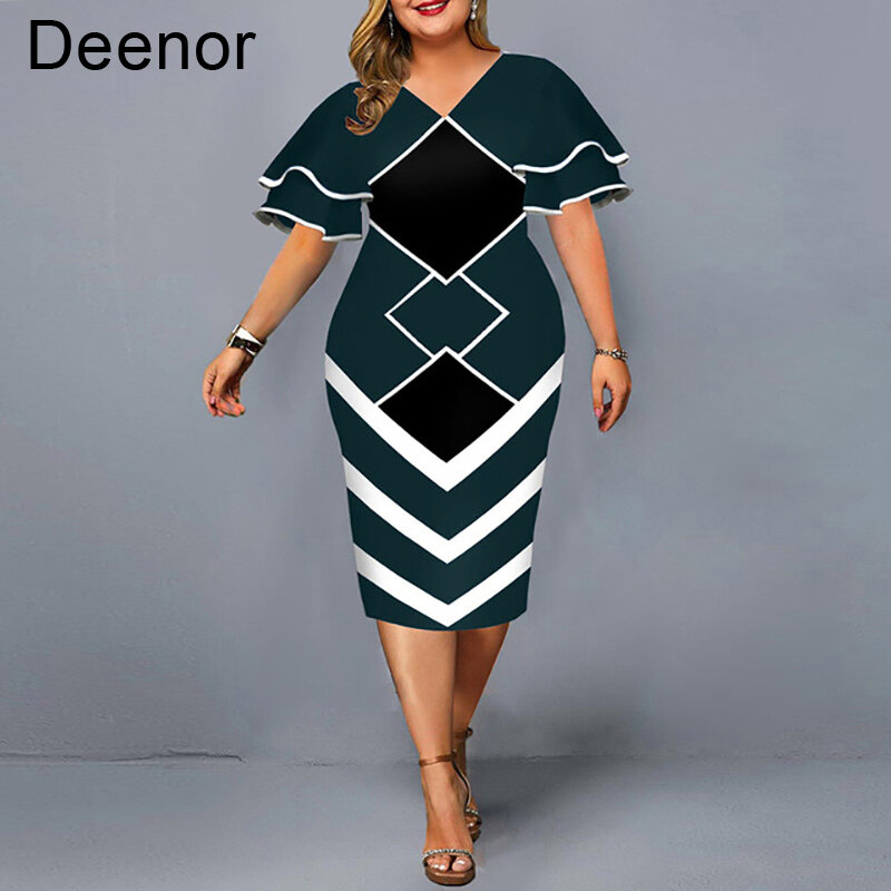 Deenor 여성 플러스 사이즈 드레스 새해 2022 여름 플라잉 슬리브 패션 o-넥 드레스 Office 레이디 비즈니스 드레스 Vestidos