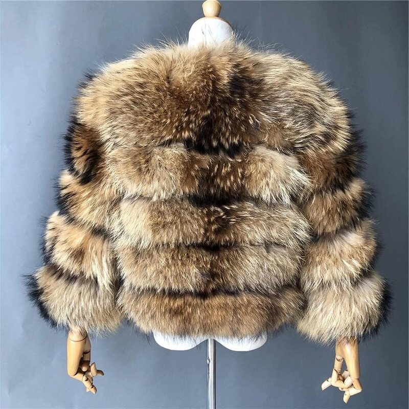 Mantel bulu rubah perak rakun asli wanita, baju ukuran besar, musim dingin alami, leher bulat, bagian pendek, hangat, tebal, santai