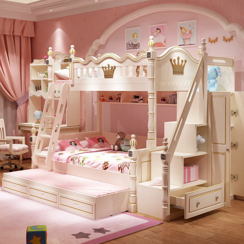 Litera ajustable en altura para niños, cama de dos capas, de princesa, litera de madera maciza