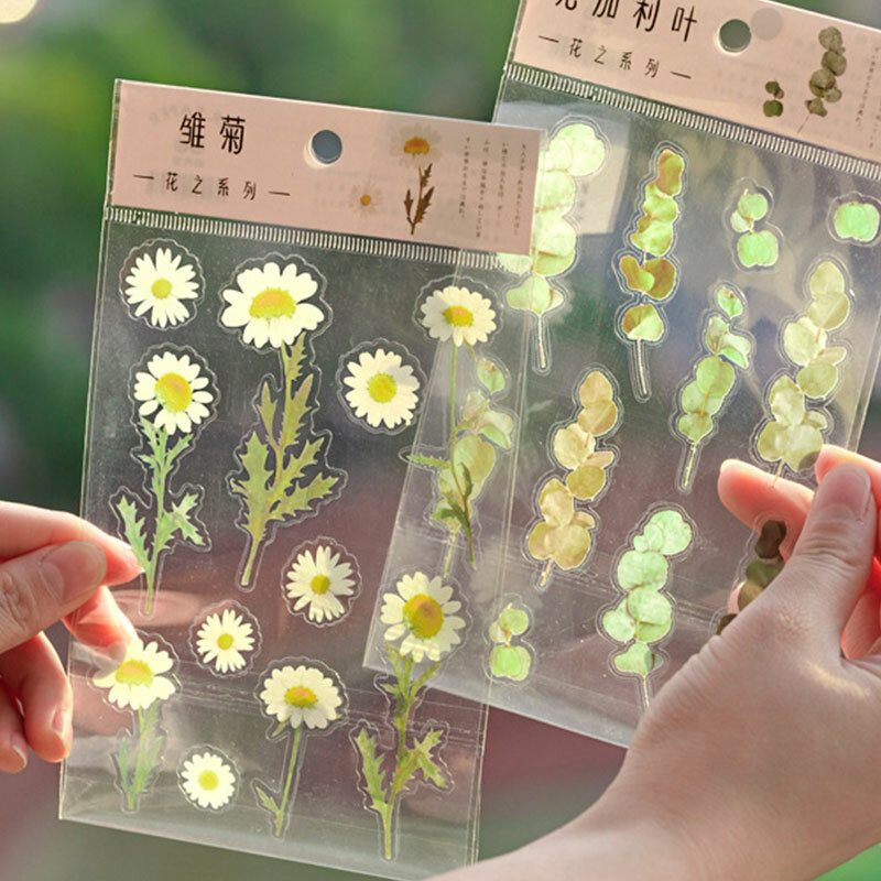Stiker Daisy hewan peliharaan transparan stiker tanaman bunga dekoratif untuk alat tulis Album alat tulis buku harian Label DIY alat Scrapbooking Jurnal
