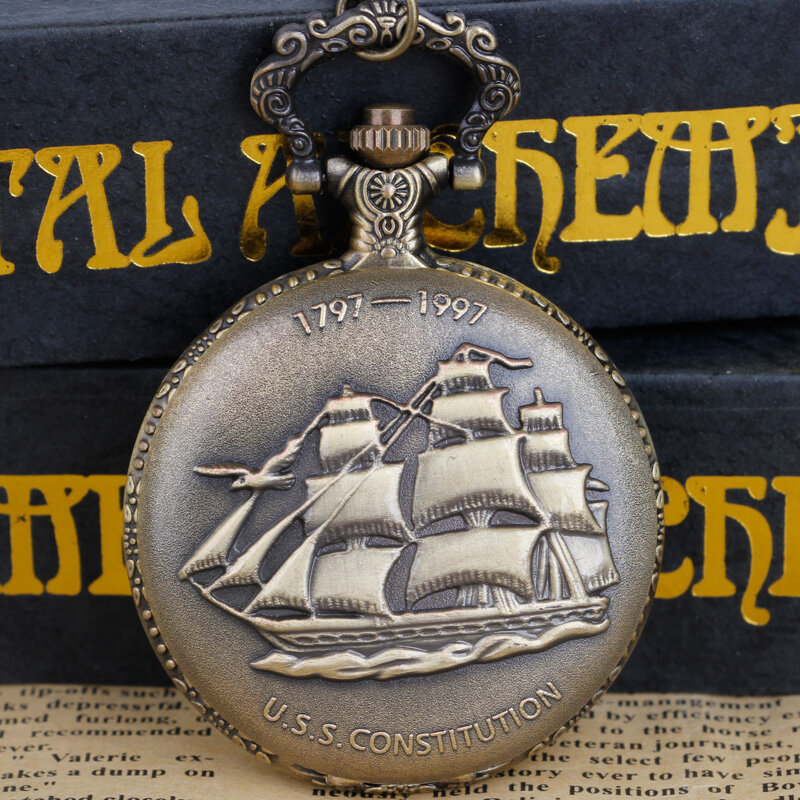 Reloj De bolsillo De cuarzo para hombre y mujer, pulsera con colgante, cadena, barco grabado, regalo