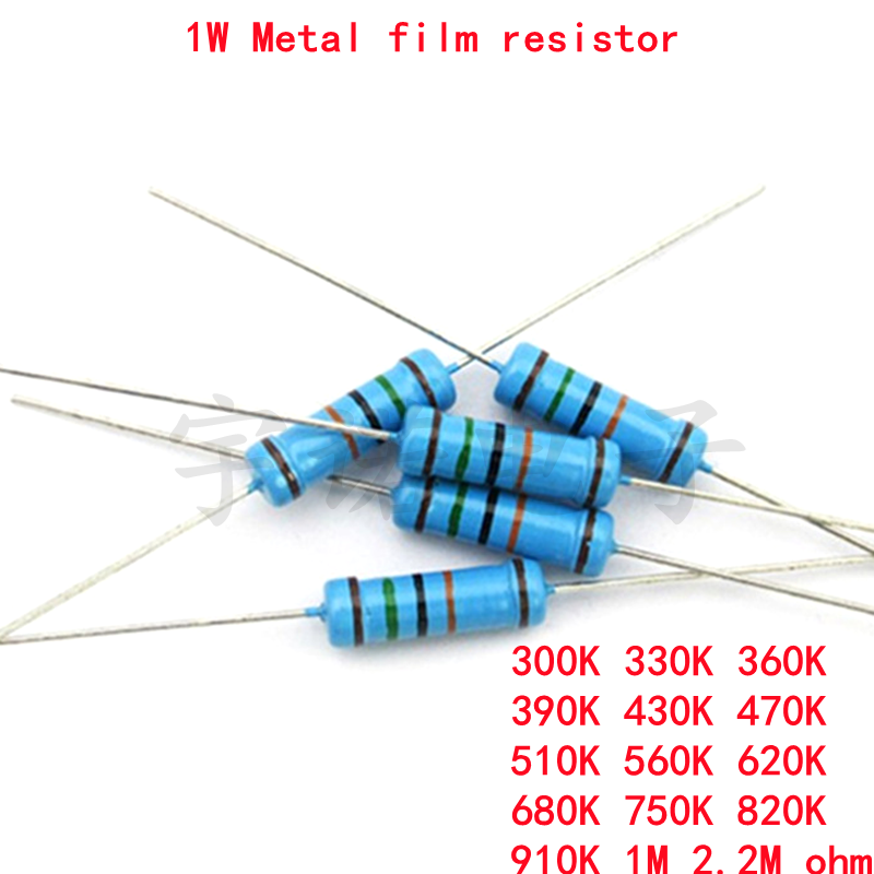 Resistencia de película metálica 20 piezas, 1W, 1%, 300K, 330K, 360K, 390K, 430K, 470K, 510K, 560K, 620K, 680K, 750K, 1M, 820 M, ohm