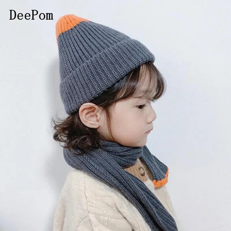 DeePom-قبعة و وشاح مجموعة للأطفال ، قبعة متماسكة ، لون المزيج ، سميكة ، دافئة ، الفتيات ، صبي ، أطفال ، 2 قطعة ، اكسسوارات ، الخريف ، الشتاء