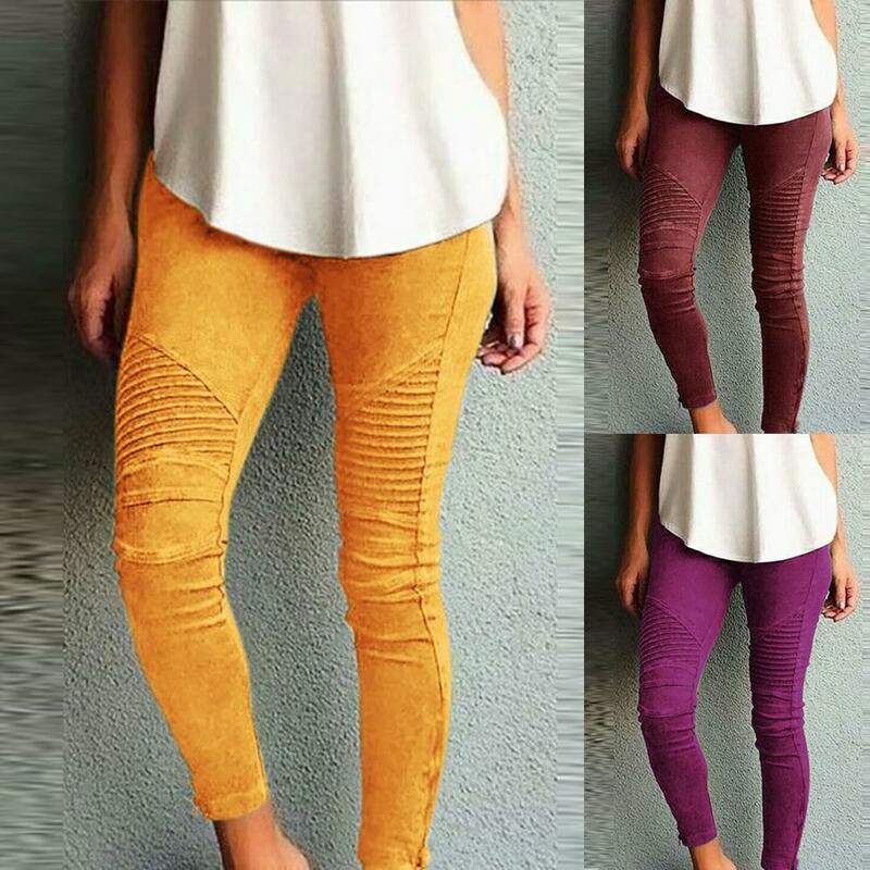 Frauen Fashion Solid Farbe Hosen Hohe Taille Elastische Bund Dünne Dünne Bleistift Hose Lange Hosen Gestapelt Leggings
