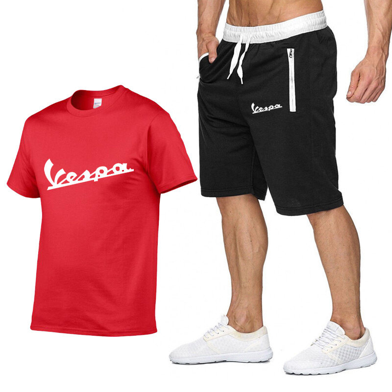 2020 브랜드 t 셔츠 남성 Vespa 패션 여름 면화 짧은 소매 스포츠 슈트 t-셔츠 + 반바지 망 2 개 세트 캐주얼 의류