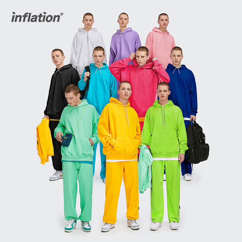 INFLATION Oversized dres z kapturem mężczyźni Streetwear gładka bluza z kapturem zestaw Unisex Sweatpant zestaw mężczyźni wiosna rozrywka odzież do joggingu