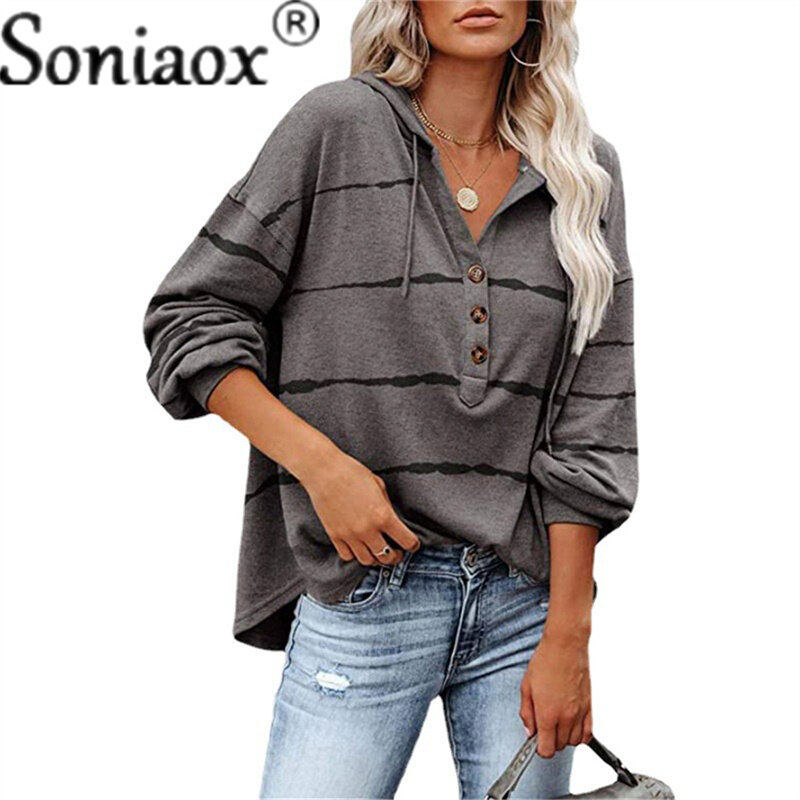 Sudadera con capucha de manga larga para mujer, suéter holgado informal con botones y cordón, rayas horizontales, novedad de 2021
