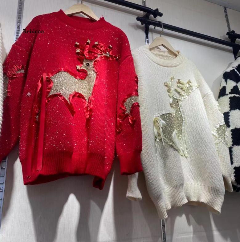 Рождественский Яркий шелковый дизайнерский женский свободный свитер с оленем, топ с круглым вырезом, новинка зимы 2021, корейский женский пуловер, вязаный свитер
