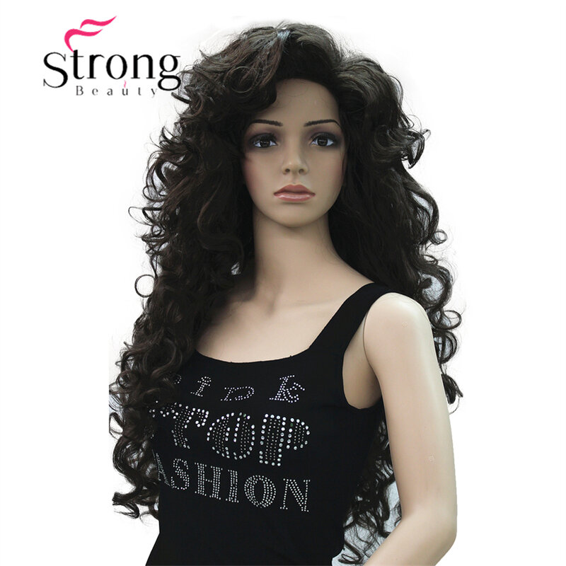 Strongbeauty-perucas femininas de camadas longas, grossas e macias, cachos saltitantes, conjunto completo de perucas sintéticas, perucas castanhas escuras para mulheres