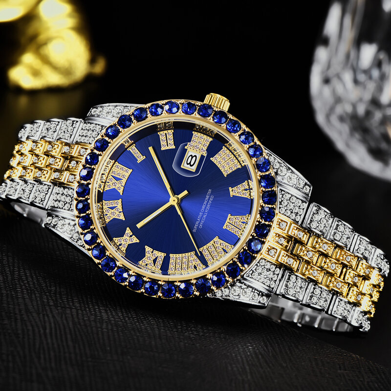 Reloj de cuarzo para Hombre, cronógrafo de lujo con diamantes ostentosos, de acero dorado y plateado, estilo Hip Hop, 2021