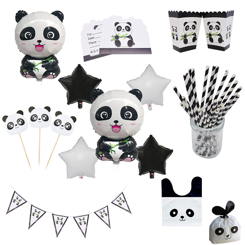 1Set Cartoon Panda Theme Disposable Tableware Happy Birthday Party Helium Balloons Accessories Baby Shower Kid Favor Supplies