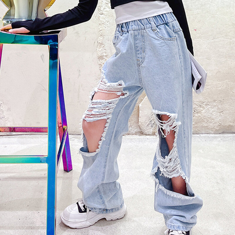 Fashion Loose Ripped Jeans Kids Girls Summer Elastic Waistband Pockets Wide Leg Denim Distressed Pants for Hip Hop Daily Wear