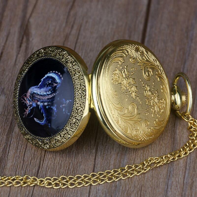 Montre de poche rétro en or pour hommes, pendentif Dragon volant créatif, Quartz, chaîne, cadeau