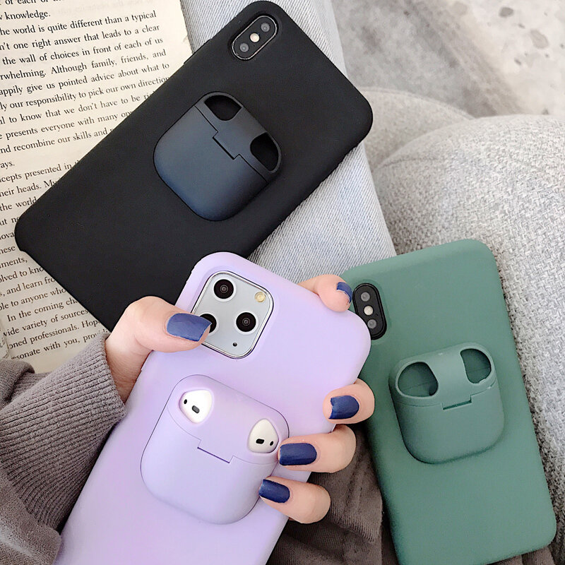2 in 1 stylish silicone Portable Airpods Phone Case For iPhone 11 Pro Max XS XR X Anti fall cases For iphone 8 7 Plus 6s cover