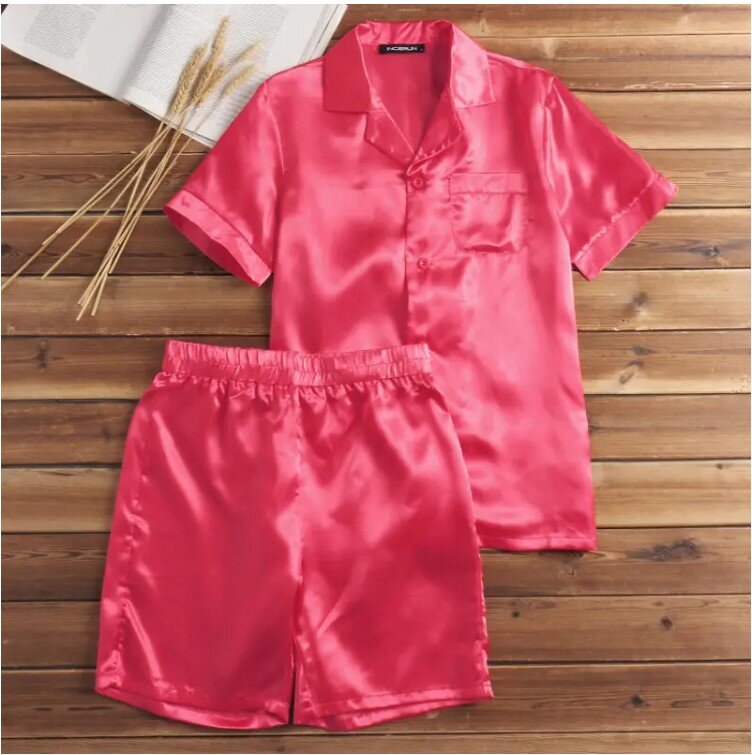 Men Fahion Summer 2Pcs Pajamas Suits Sets Satin Silk Short Sleeve Sleepwear Nightwear Homewear Tops+pants