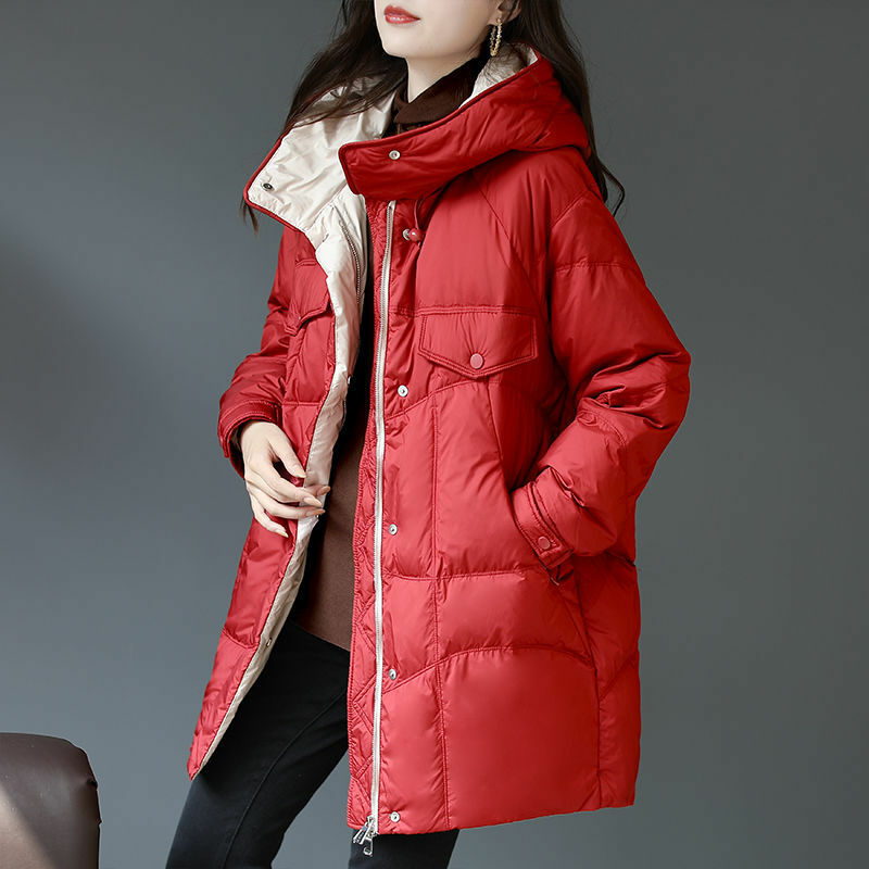 2021 Winter Neue Koreanische Version Lose Warme Mantel Jacke Frauen Weiße Ente Unten Starke Mit Kapuze Mid-länge Unten Jacke frauen Ku1963