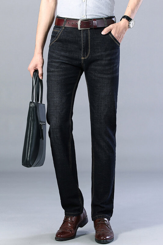 Jeans de ajuste regular com estiramento masculino, calça jeans masculina, casual para negócios, estilo clássico, preto e azul, 28-40, novo, 2023