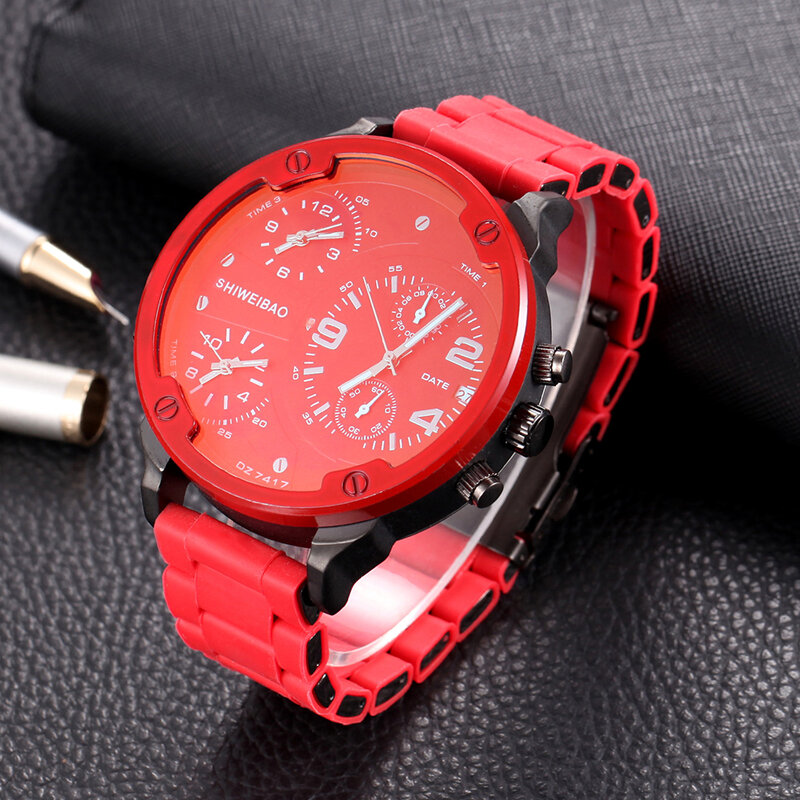 52mm Big Case Watch mężczyźni 3 strefy czasowe Chronograph wodoodporne sportowe męskie zegarki kwarcowe stal silikonowa wojskowy Relogio Masculino