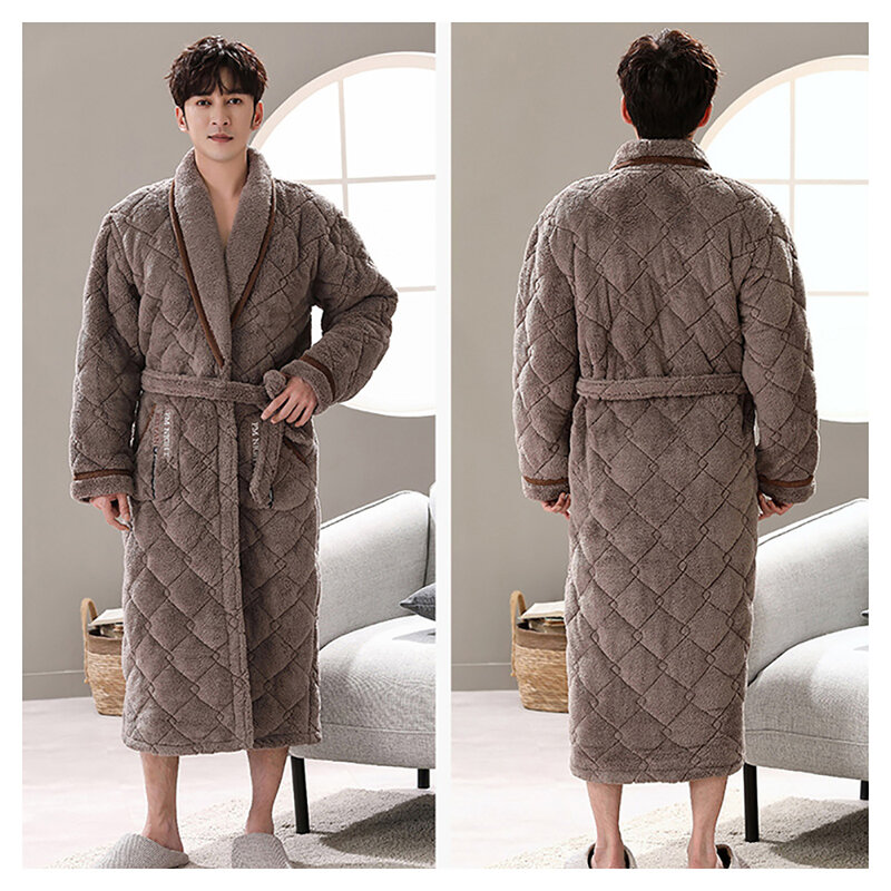 Roupão xadrez monocromático masculino, robe terry, 3 camadas, flanela, longo, super grosso, quente, roupão, toalha de luxo, inverno