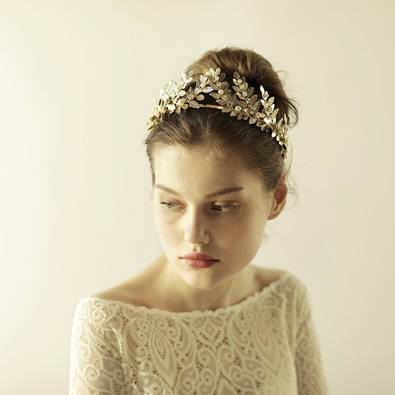 O870 Klassieke Aluminium Plated Bruiloft Tiara Bruiloft Haar Accessoires Bridal Crown Hoofddeksel Met Bladeren Voor Bruid