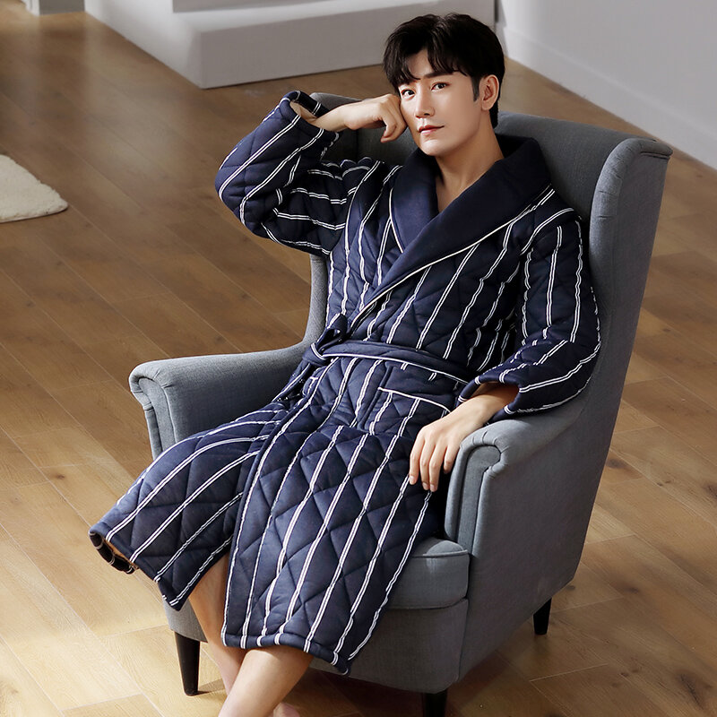 Thick 3 Layers Keep Warm Winter Striped Bathrobe Men Soft Cotton Quilted Long Kimono Bath Robe Male Dressing Gown for Mens Robe
