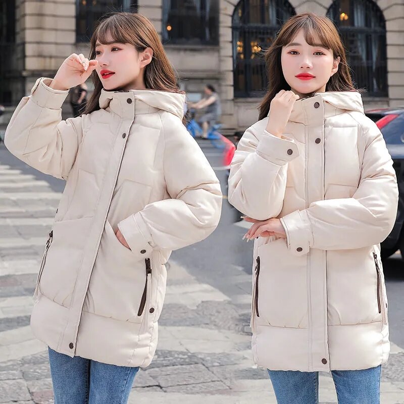Winter New Thicken Down Cotton Ladies Coats Mid-long Zipper Pocket Hooded Female Outerwear Loose Casual Women's Overcoat Parka