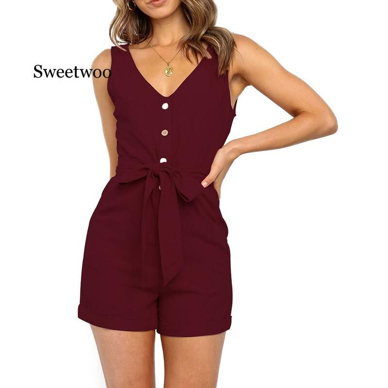Women Playsuits Sexy V Neck Sleeveless Button Sashes Cotton Playsuits Casual Slim Pocket Black Short Jumpsuit Femme Rompers