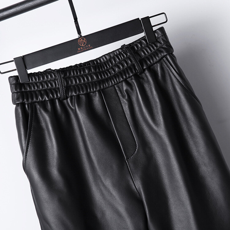 2022 Новое поступление весенние женские повседневные брюки из натуральной кожи ягненка с эластичной высокой талией