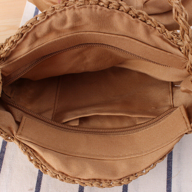 Bolso de paja de forma redonda de ganchillo hecho a mano para mujer, bandolera con lazo lindo, bolso de playa, a7218, 26x23CM