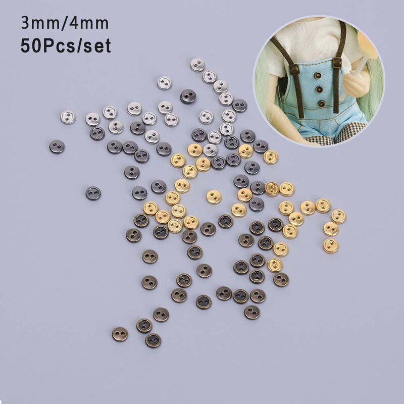 Mini botões redondos do metal para a boneca, costurando acessórios, 3mm, 4mm, 1/12, 1/6, diy, 50pcs
