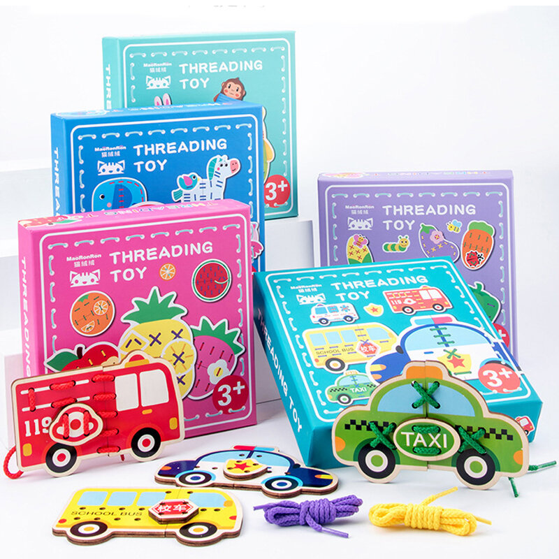 5Pcs Threadin Puzzle Spielzeug Handmade DIY Spielzeug Für Kinder holz Tier Auto Modell Verkehrs Montessori Gewinde und string ändern anzug