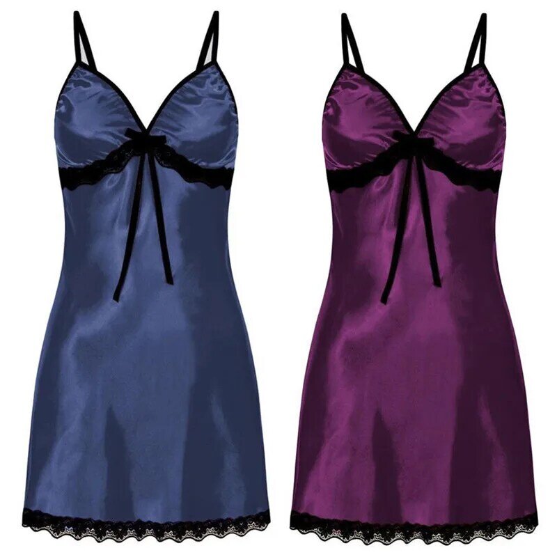 Robe de nuit en dentelle pour femmes, lingerie sexy, vêtements de nuit porno, chemise de nuit en satin, nuisettes à col en V