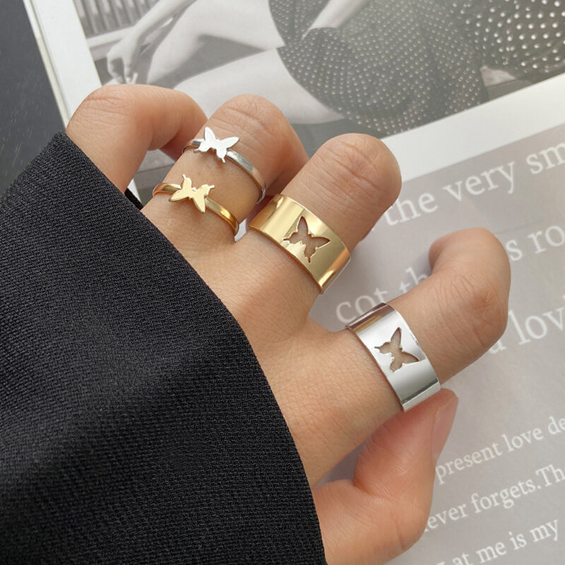 17KM Trendi Warna Emas Cincin Kupu-kupu untuk Wanita Pria Kekasih Pasangan Cincin Set Persahabatan Pertunangan Pernikahan Cincin Terbuka 2022 Perhiasan